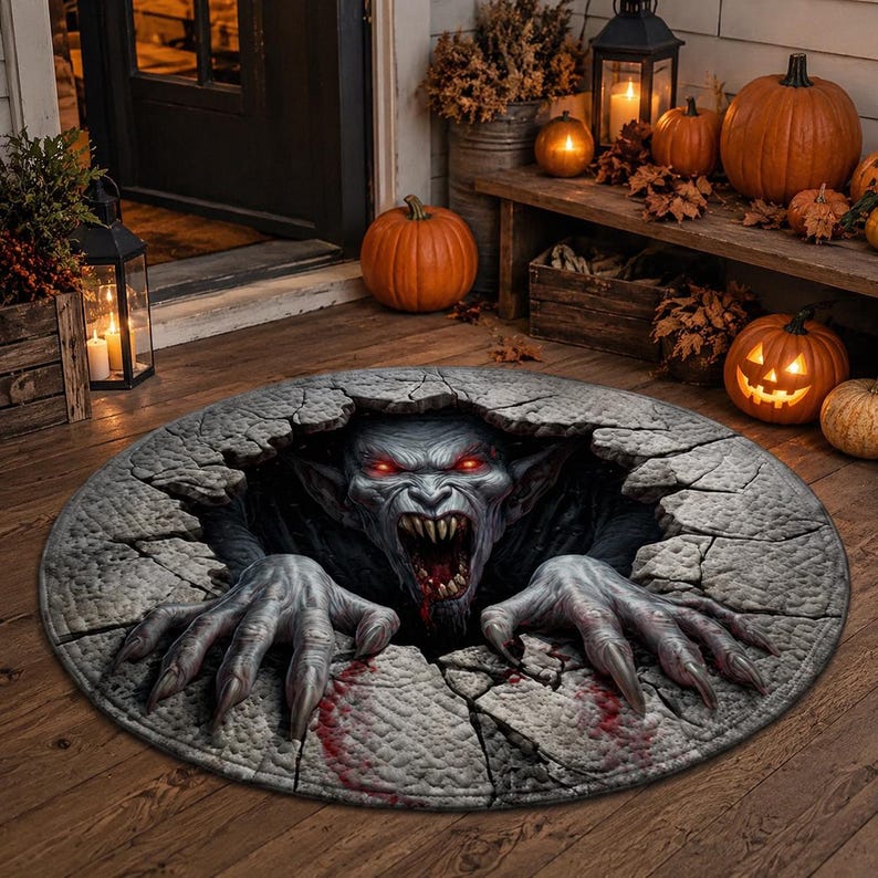Vampire 3D Illusion Rug, Halloween Monster Round Rug, Creepy Demon Floor Mat, Horror Gothic Area Carpet
