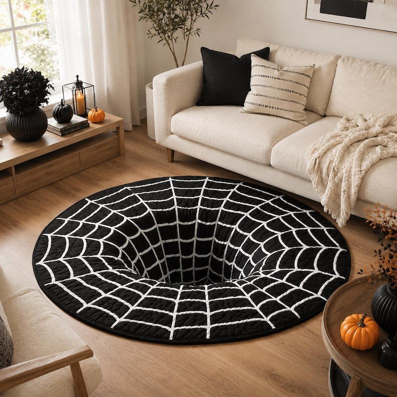 Spider 3D Illusion Round Rug, Halloween Black White Area Carpet, Spooky Web Tunnel Floor Mat, Gothic Halloween Decor