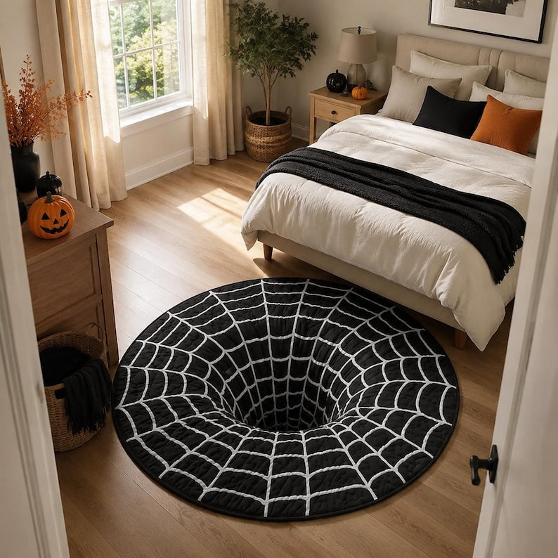 Spider 3D Illusion Round Rug, Halloween Black White Area Carpet, Spooky Web Tunnel Floor Mat, Gothic Halloween Decor