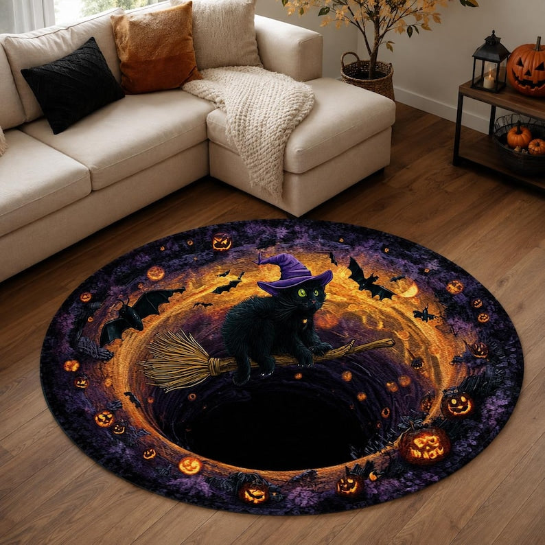 Spider 3D Illusion Round Rug, Halloween Black White Area Carpet, Spooky Web Tunnel Floor Mat, Gothic Halloween Decor