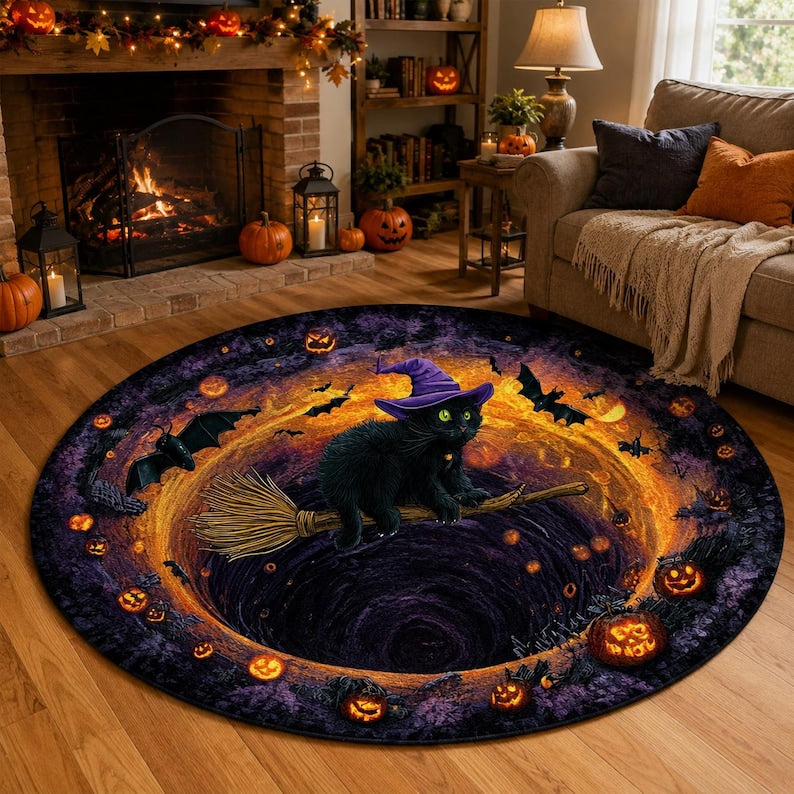 Spider 3D Illusion Round Rug, Halloween Black White Area Carpet, Spooky Web Tunnel Floor Mat, Gothic Halloween Decor