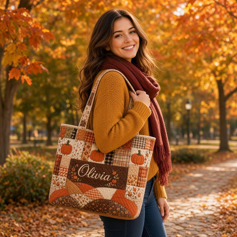 Autumn Pumpkin Quilted Tote Bag, Fall Patchwork Shoulder Bag, Thanksgiving Pumpkin Bag, Rustic Fall Tote