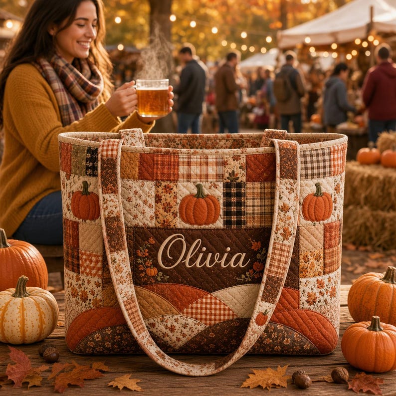 Autumn Pumpkin Quilted Tote Bag, Fall Patchwork Shoulder Bag, Thanksgiving Pumpkin Bag, Rustic Fall Tote