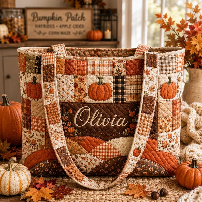 Autumn Pumpkin Quilted Tote Bag, Fall Patchwork Shoulder Bag, Thanksgiving Pumpkin Bag, Rustic Fall Tote