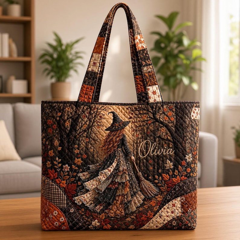 Personalized Witch Quilted Tote Bag, Custom Witch Patchwork Shoulder Bag, Gothic Halloween Tote