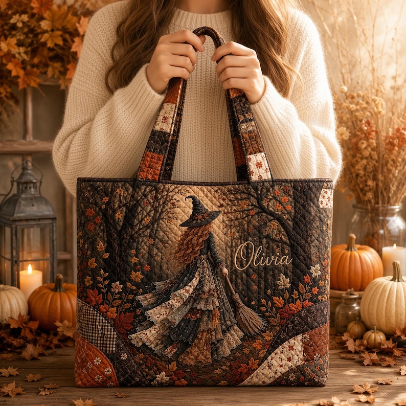 Personalized Witch Quilted Tote Bag, Custom Witch Patchwork Shoulder Bag, Gothic Halloween Tote