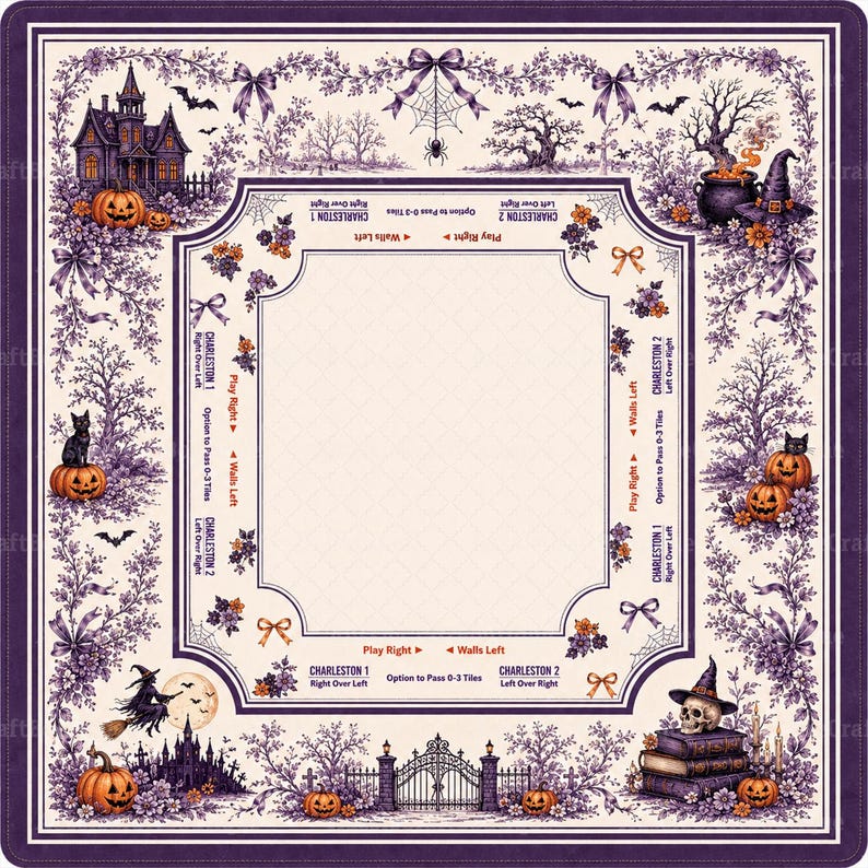 Halloween Mahjong Mat, Spooky Witch Pumpkin Game Table Runner, Charleston Guide Gift