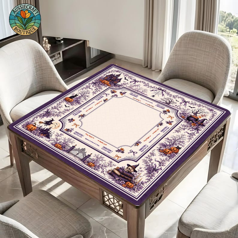 Halloween Mahjong Mat, Spooky Witch Pumpkin Game Table Runner, Charleston Guide Gift