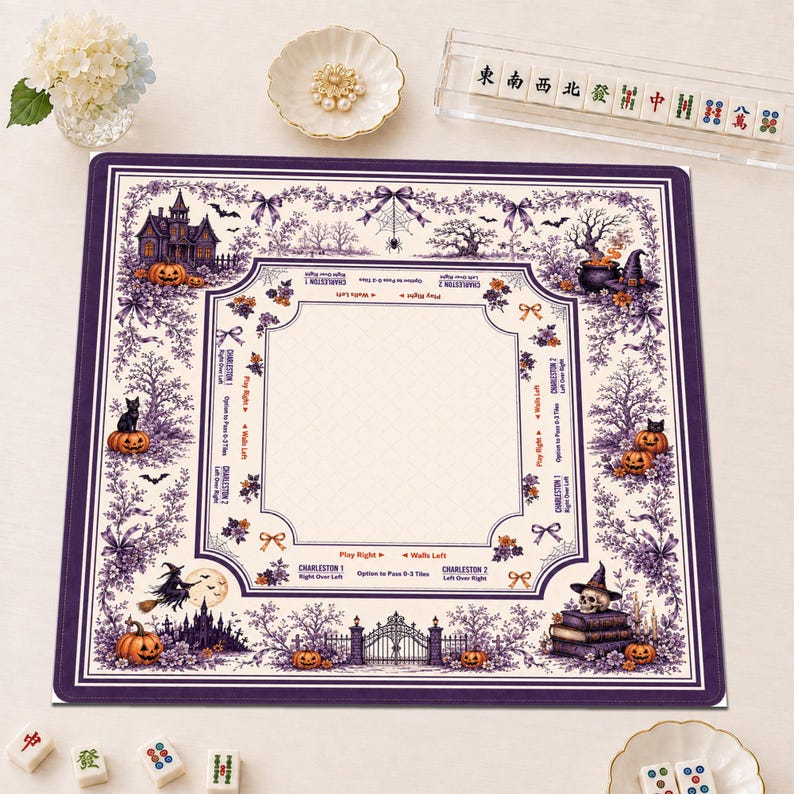 Halloween Mahjong Mat, Spooky Witch Pumpkin Game Table Runner, Charleston Guide Gift