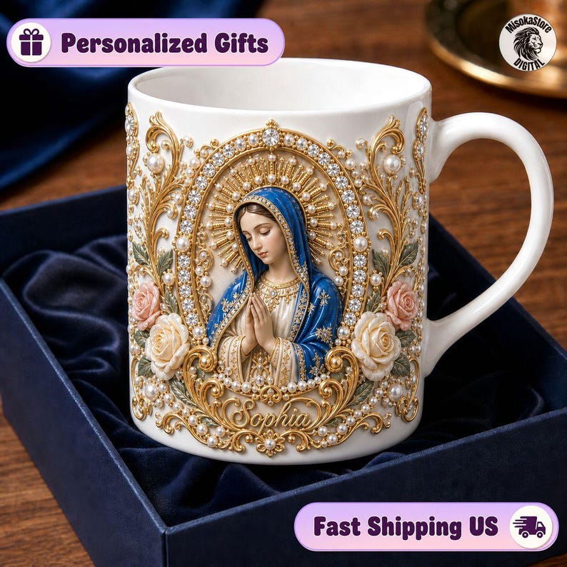 Personalized Virgin Mary Mug, Praying Madonna Design, Custom Pearl Rosary Coffee Mug, Elegant Faith Gift, Catholic Name