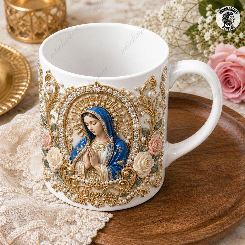Personalized Virgin Mary Mug, Praying Madonna Design, Custom Pearl Rosary Coffee Mug, Elegant Faith Gift, Catholic Name