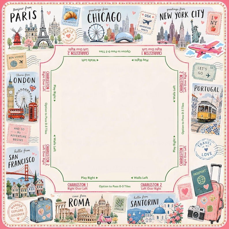 Travel Mahjong Mat, Paris London NYC Game Cover, Pink Passport Girls Trip