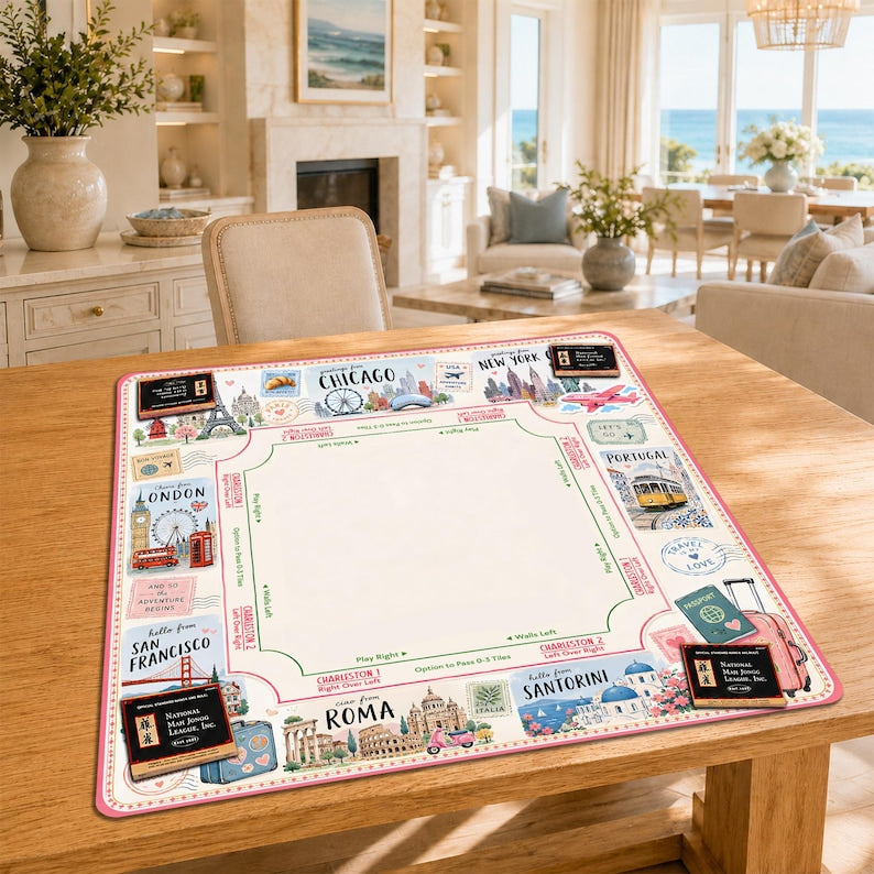 Travel Mahjong Mat, Paris London NYC Game Cover, Pink Passport Girls Trip
