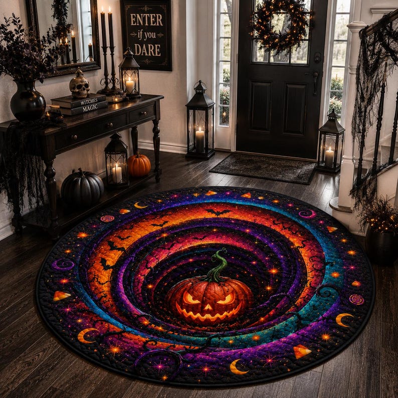 Round Quilted Halloween Rug Pumpkin Vortex 3D Illusion Gothic Witchy Decor