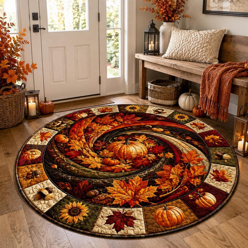Quilted Autumn Pumpkin Maple Leaf Round Rug Harvest Floor Decor