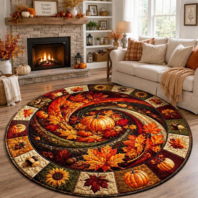 Quilted Autumn Pumpkin Maple Leaf Round Rug Harvest Floor Decor