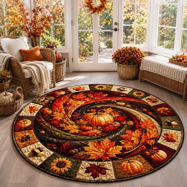 Quilted Autumn Pumpkin Maple Leaf Round Rug Harvest Floor Decor