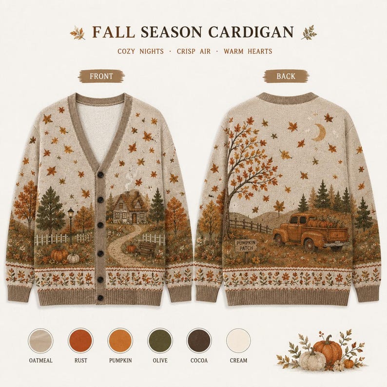 Fall Cottage Cardigan Pumpkin Truck Autumn Leaves Cozy Knit Sweater