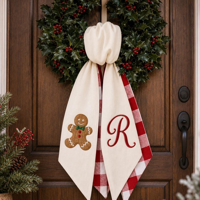 Personalized Christmas Wreath Sash, Custom Embroidered Monogram, Buffalo Check Door Ribbon, Farmhouse Holiday Decor