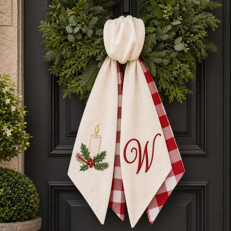 Personalized Christmas Wreath Sash, Custom Embroidered Monogram, Buffalo Check Door Ribbon, Farmhouse Holiday Decor