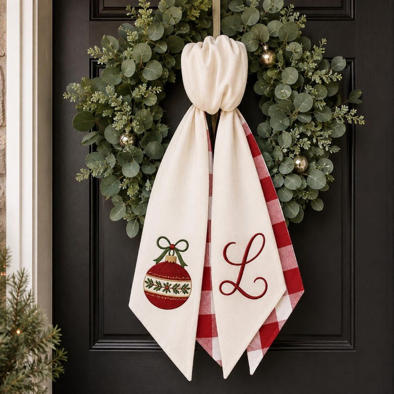 Personalized Christmas Wreath Sash, Custom Embroidered Monogram, Buffalo Check Door Ribbon, Farmhouse Holiday Decor