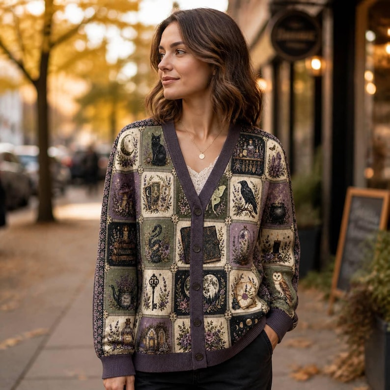 Witchy Botanical Knitted Cardigan, Celestial Moon Raven Patchwork V-Neck Sweater