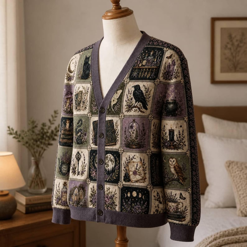 Witchy Botanical Knitted Cardigan, Celestial Moon Raven Patchwork V-Neck Sweater