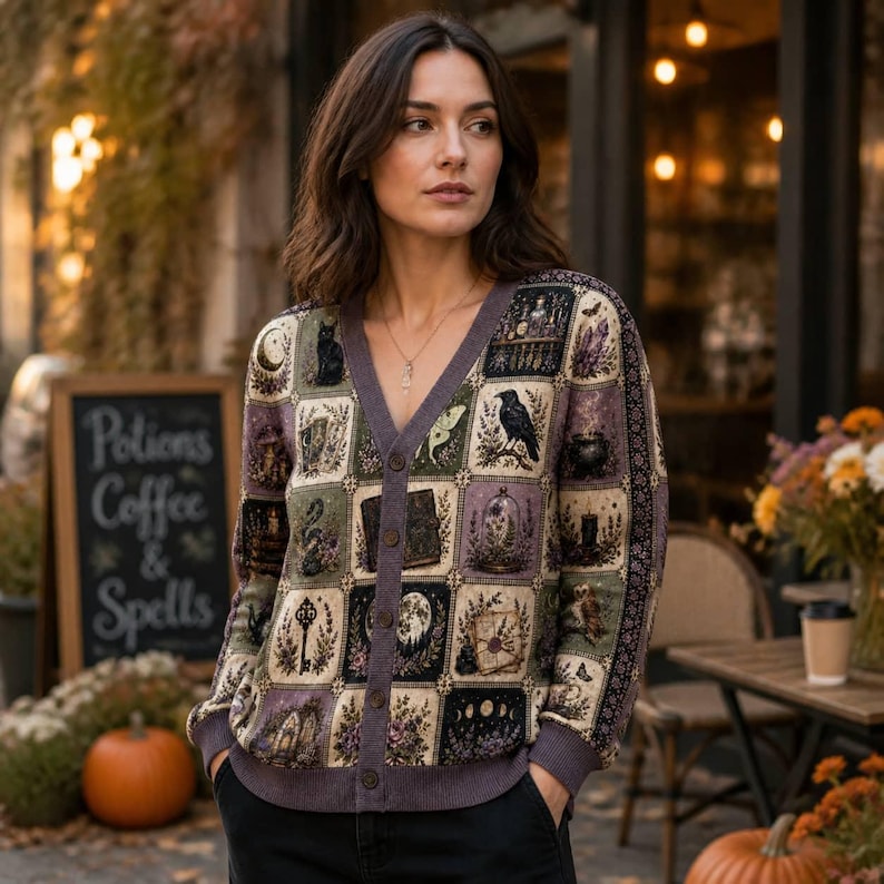 Witchy Botanical Knitted Cardigan, Celestial Moon Raven Patchwork V-Neck Sweater