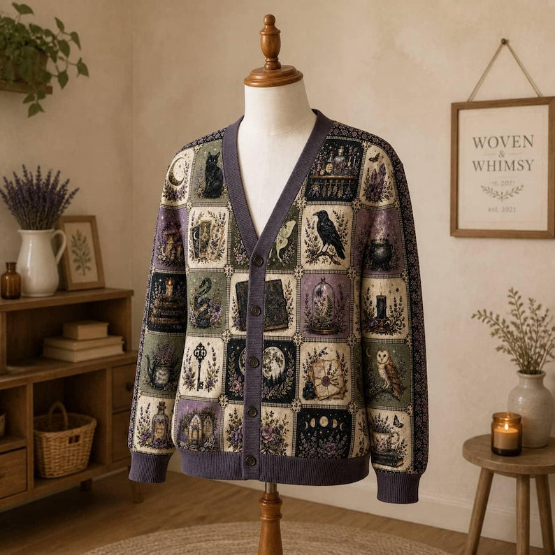 Witchy Botanical Knitted Cardigan, Celestial Moon Raven Patchwork V-Neck Sweater