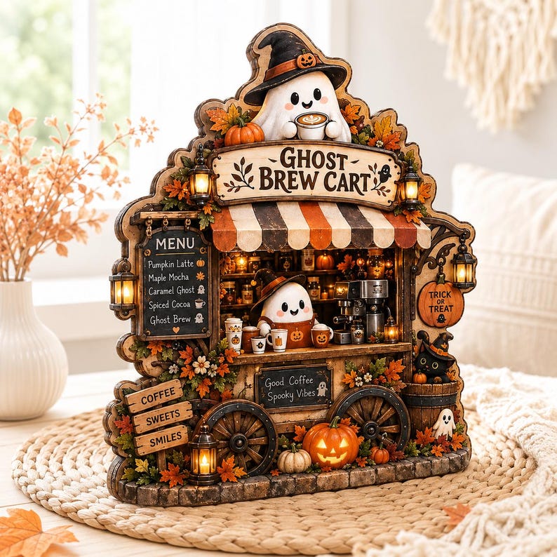 Halloween Ghost Coffee Cart Decor, Spooky Coffee Bar Sign, Fall Wooden Table Decor, Cute Ghost Cafe Plaque, Trick or Treat