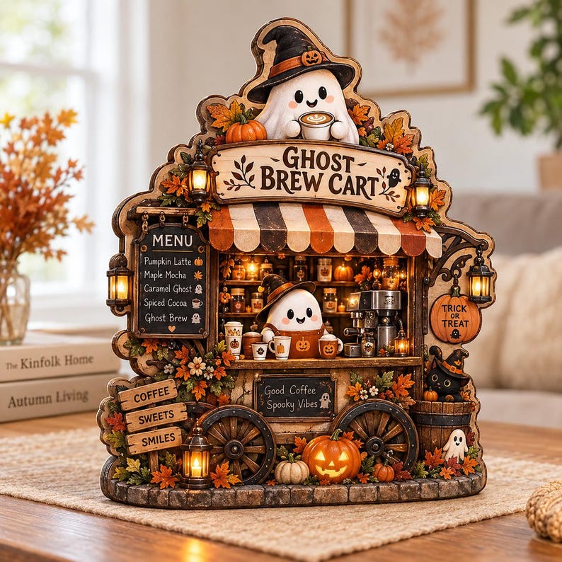 Halloween Ghost Coffee Cart Decor, Spooky Coffee Bar Sign, Fall Wooden Table Decor, Cute Ghost Cafe Plaque, Trick or Treat