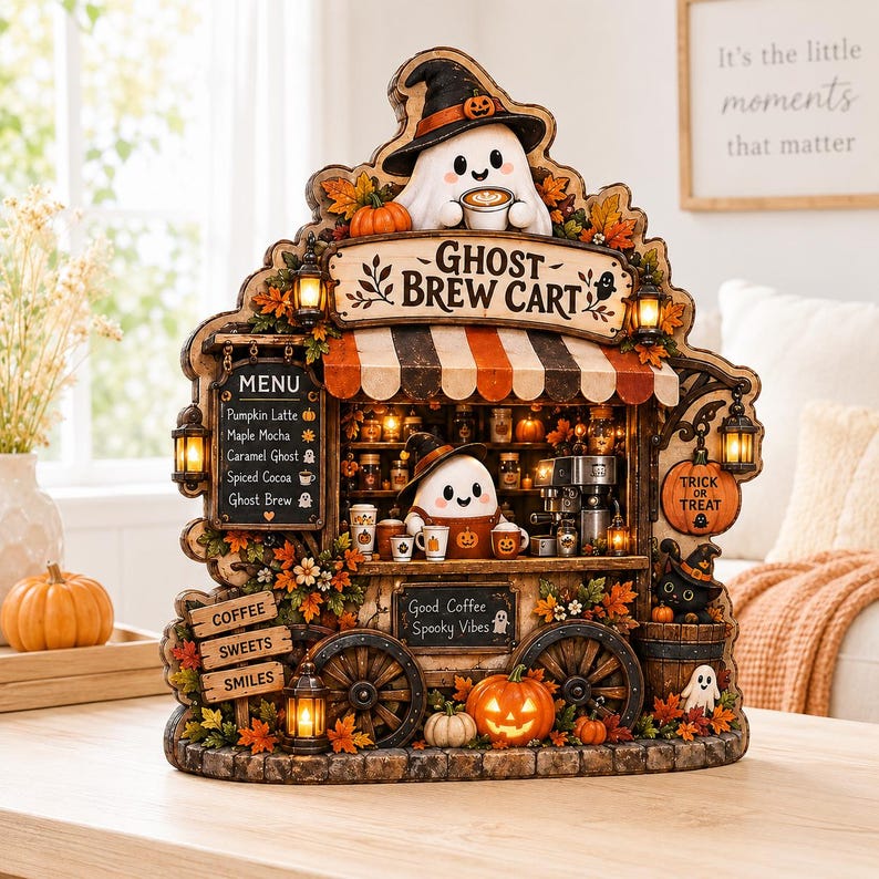 Halloween Ghost Coffee Cart Decor, Spooky Coffee Bar Sign, Fall Wooden Table Decor, Cute Ghost Cafe Plaque, Trick or Treat