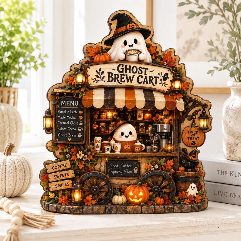 Halloween Ghost Coffee Cart Decor, Spooky Coffee Bar Sign, Fall Wooden Table Decor, Cute Ghost Cafe Plaque, Trick or Treat