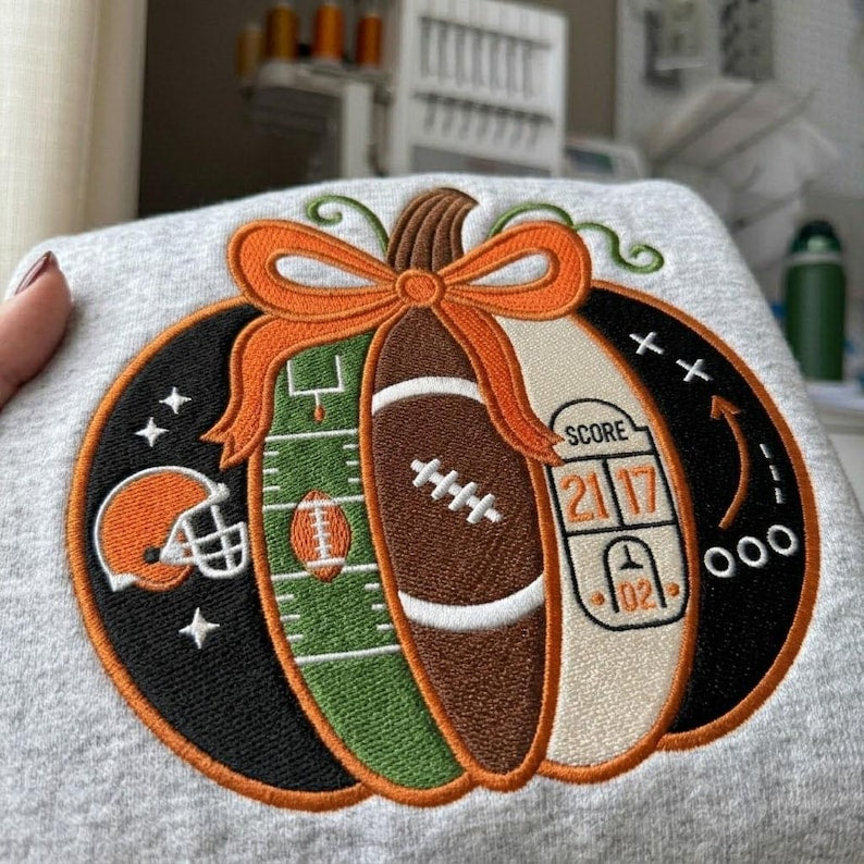 Embroidered Football Pumpkin Bow Sweatshirt, Coquette Fall Game Day Crewneck, Thanksgiving Halloween Football Pullover