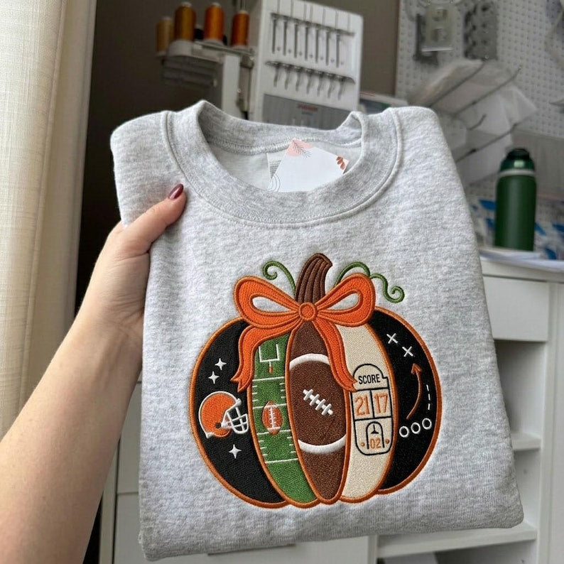 Embroidered Football Pumpkin Bow Sweatshirt, Coquette Fall Game Day Crewneck, Thanksgiving Halloween Football Pullover