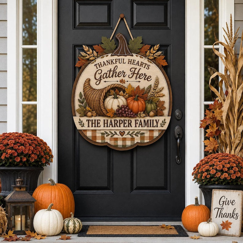Personalized Thanksgiving Door Sign, Thankful Hearts Gather Here Wooden Sign, Football Pumpkin Autumn Front Door Decor