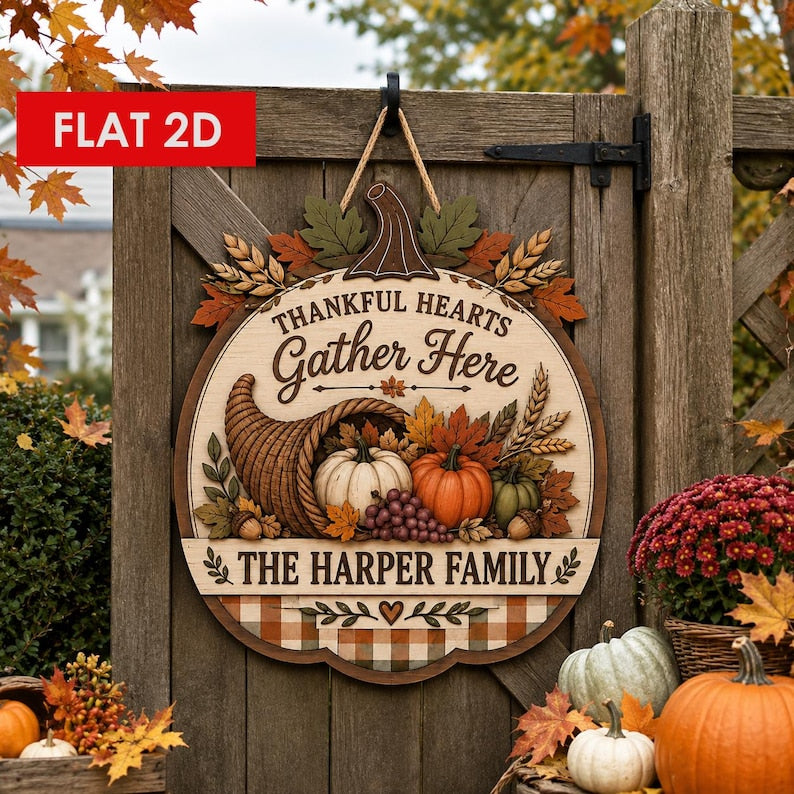 Personalized Thanksgiving Door Sign, Thankful Hearts Gather Here Wooden Sign, Football Pumpkin Autumn Front Door Decor