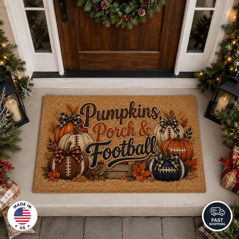 Pumpkins Porch and Football Coir Doormat, Fall Game Day Coir Welcome Mat, Football Pumpkin Door Rug
