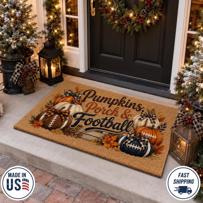 Pumpkins Porch and Football Coir Doormat, Fall Game Day Coir Welcome Mat, Football Pumpkin Door Rug