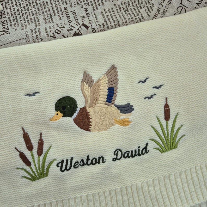 Custom Mallard Duck Embroidered Baby Blanket, Personalized Name Animal Safari Knit Throw, Hunting Wooden Lover Keepsake