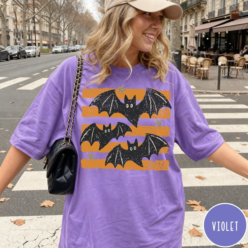Vintage Retro Halloween Bat Comfort Colors® Shirt, 90's Oversized Halloween Tee, Distressed Striped Bat Shirt