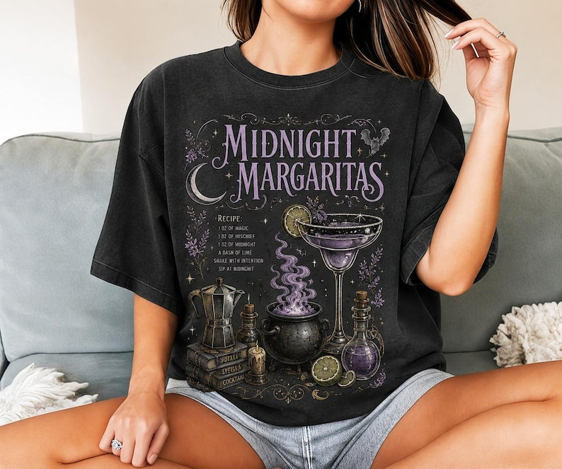 Midnight Margaritas Shirt, Witchy Halloween T-Shirt, Spooky Cocktail Tee, Margarita Lover Gift, Vintage Halloween Graphic Shirt