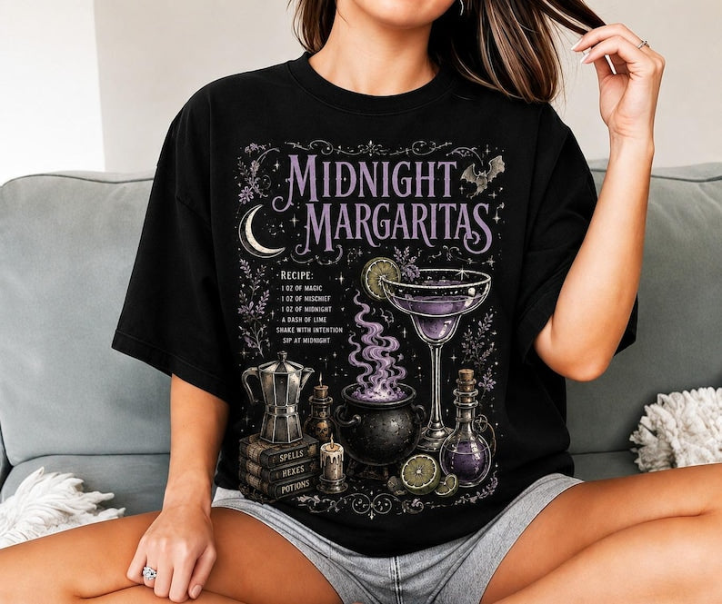 Midnight Margaritas Shirt, Witchy Halloween T-Shirt, Spooky Cocktail Tee, Margarita Lover Gift, Vintage Halloween Graphic Shirt