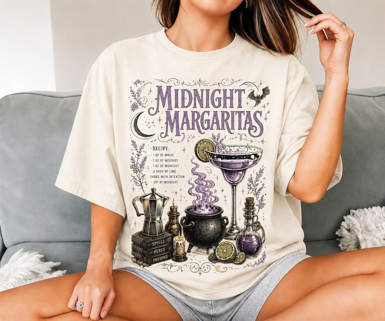 Midnight Margaritas Shirt, Witchy Halloween T-Shirt, Spooky Cocktail Tee, Margarita Lover Gift, Vintage Halloween Graphic Shirt