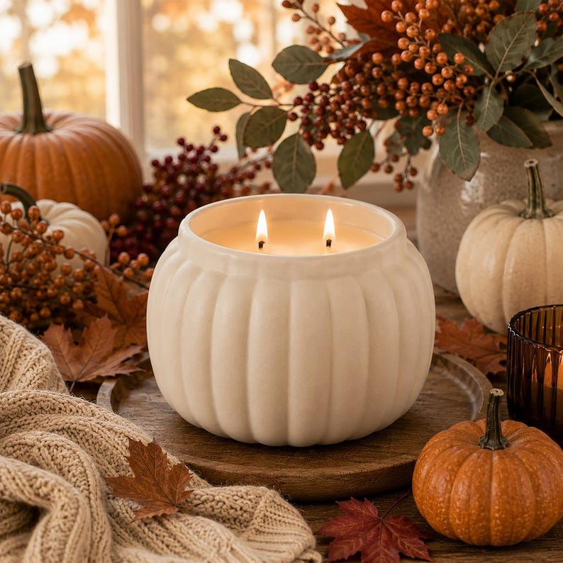 Personalized Ceramic Pumpkin Shaped Candle, Custom Fall Gift, Hostess Housewarming Gift