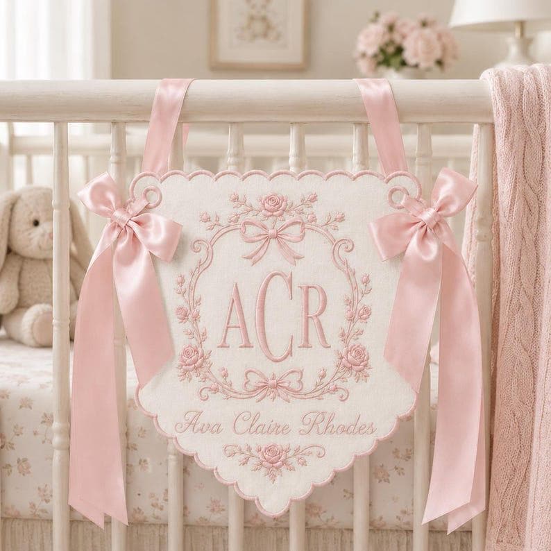 Custom Embroidered Baby Name Banner, Personalized Crib Rail Banner, Floral Monogram Crib Decor, Baby Nursery Keepsake