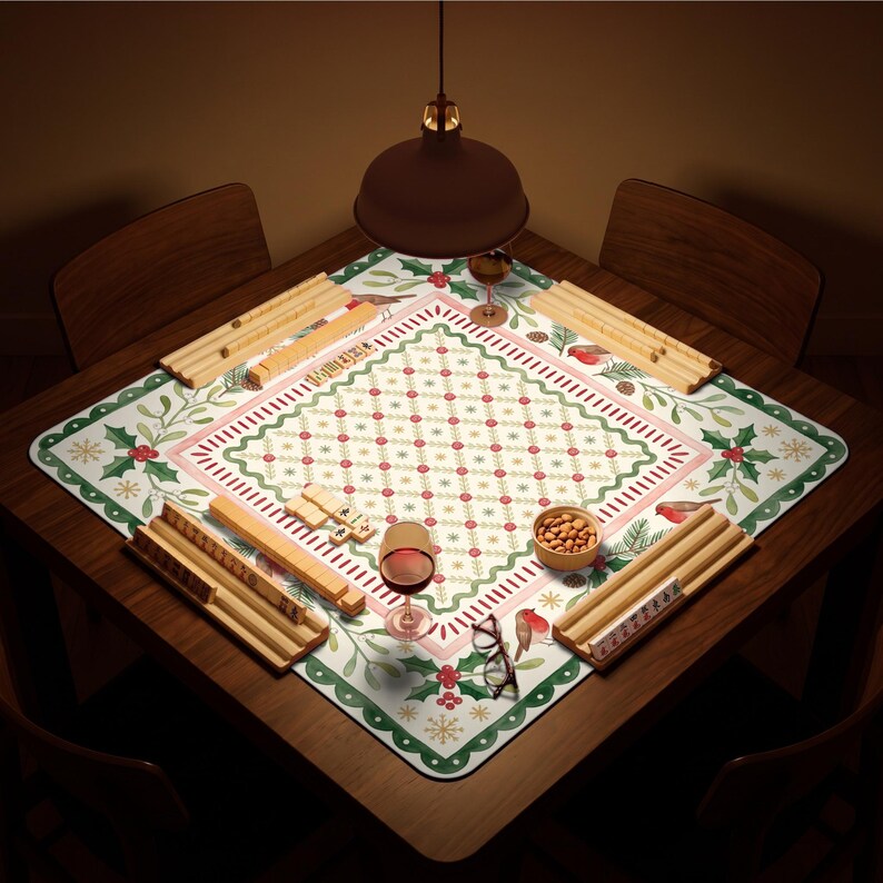 Holly Winterberry Mahjong Mat, Christmas Botanical Game Mat, Colorful Botanical Mahjong Mat