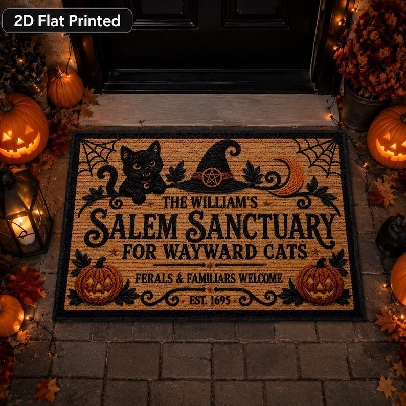 Salem Sanctuary Coir Doormat, Personalized Witch Cat Halloween Welcome Mat, Custom Family Name Wayward Cats Mat
