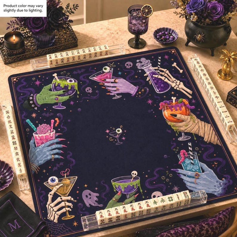 Halloween Spooky Drink Mahjong Mat, Gothic Party Playmat, Unique Creepy Cocktail Game Board Cover, Tabletop Decor Gift