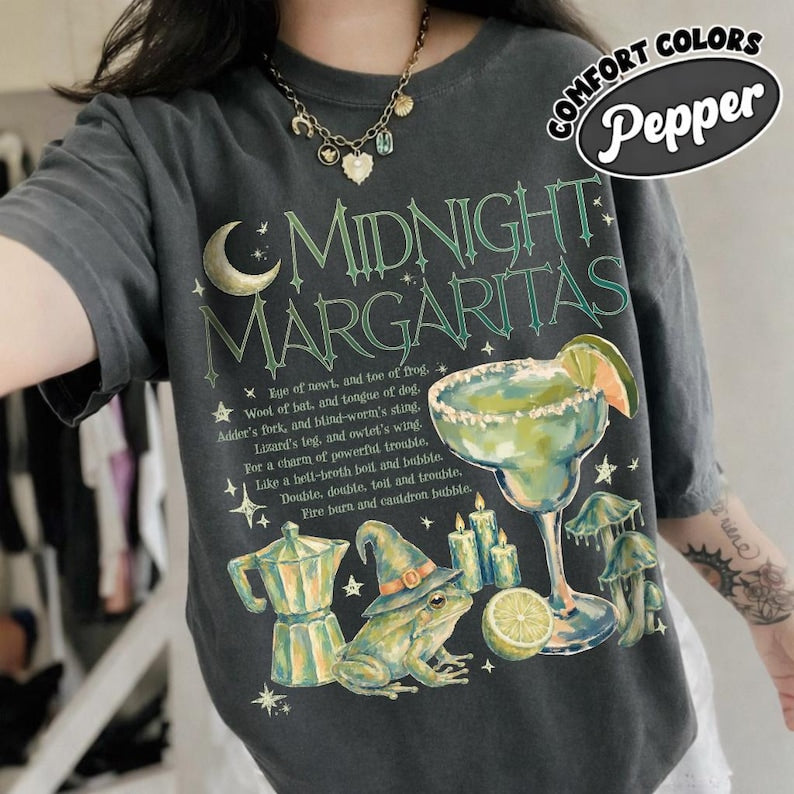 Midnight Margaritas Comfort Color T-Shirt, Witchy Frog Halloween Tee